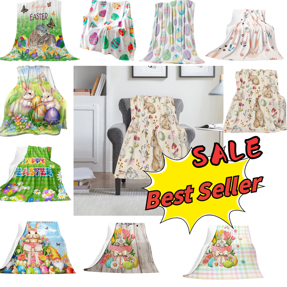 SLYNSHome Easter Throw Blankets Decoration - 27.5x39.3 inch - Plush Flannel Blanket with Eggs & Bunny Pattern Soft Easter Blanket for Home Office Car (Khaki)