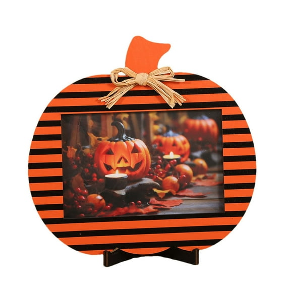 SLYNSHome Halloween Photo Frame Decoration,7.9x7.6Inch Wooden Photo Frames for Tabletop Display,Ideal Gift to Hallowmas Family and Friends Halloween Home Decoration (Stripe Pattern )