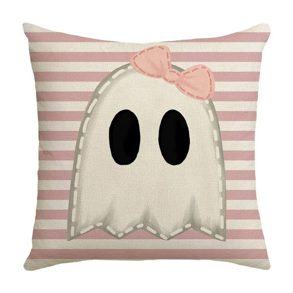 SLYNSHome Halloween Pillowcase,17.7x17.7Inch Cute Ghost Throw Pillow Covers with Invisible Zipper Spooky Flax Pillowcase Stripe Cushion Cover for Halloween Home Decoration (Pink)