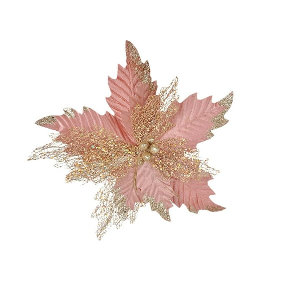 SLYNSHome Poinsettia Christmas Flowers Decorations - 14.5 inch - Artificial Flower Ornaments - Glitter - Xmas Home Decor (Pink)