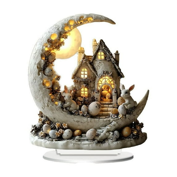 SLYNSHome Rabbit Decoration for The Home Moon Bunny Eggs Castle Statue Easter Ornament Rabbit Figurines for Table Desk Office Bedroom