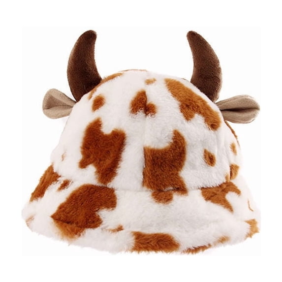 SLYNSHome Cow Print Bucket Hat Brown Cute Plush Bucket Hat Winter Fisherman Hat for Men and Women