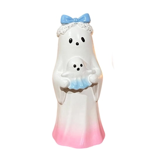 SLYNSHome Cute Ghost Resin Figurine With Bow,Pink Spooky Desktop Statue Ornament, Tabletop Decor For Halloween Indoor Home Holiday Display & Gift
