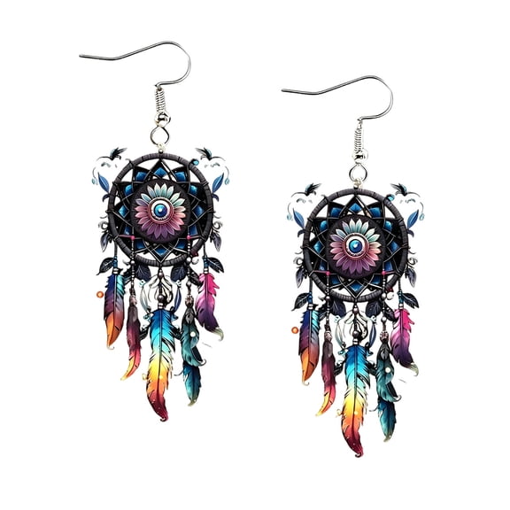 SLYNSHome Dreamcatcher Earrings, Colorful Feather Drop Earrings, Western Vintage Jewelry For Women Birthday Gifts