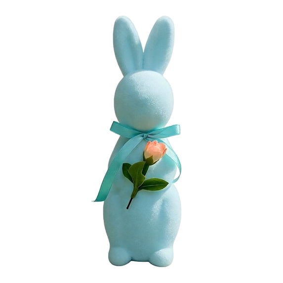 SLYNSHome Easter Bunny Decorations Flocked Bunnies Figurine Blue Soft Velvet Foam Rabbit Ornaments Spring Decor for Home Office Table