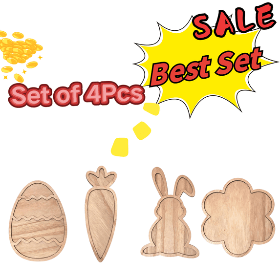 SLYNSHome Easter Platter Set of 4Pcs,Wood Flower Carrot Rabbit Egg Shaped Easter Tray Set for Food Wooden Charcuterie Serving Board Decor,Food-grade