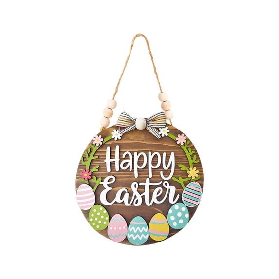 SLYNSHome Easter Wreath for Front Door Wood Bunny Door Eggs Sign Happy Easter Wooden Rabbit Sign Hanging Decorations for Porch Yard Wall Home Decor