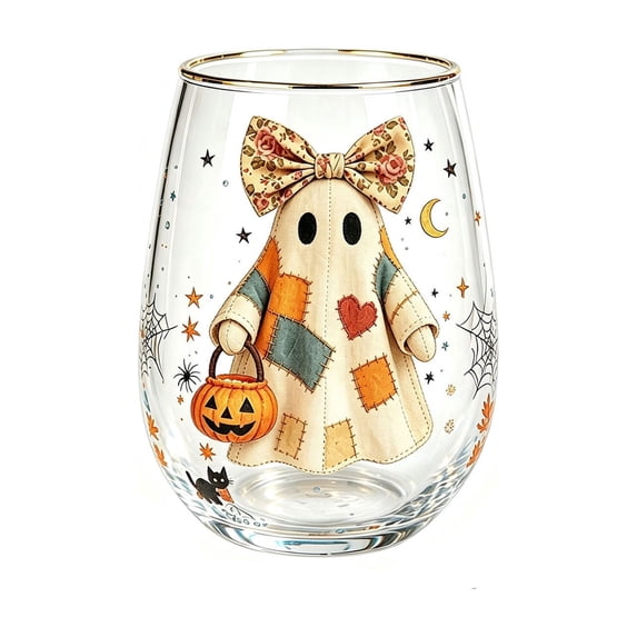 SLYNSHome Fall Harvest Stemless Whiskey Glass,Ghost With Pumpkin Gold Rim Crystal Tumbler For Wine And Cocktails, Lead Free Heavy Base Drinkware For Home Bar
