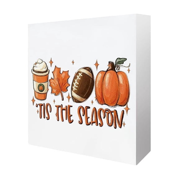 SLYNSHome Fall Harvest Wooden Box Sign,Pumpkin Maple Leaf Bat Printed Tabletop Block Ornament For Mantel Shelf Coffee Table Indoor Thanksgiving Halloween Seasonal Decor
