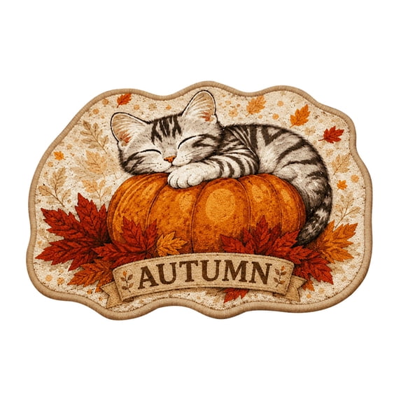 SLYNSHome Fall Irregular Floor Mat, Cute Sleeping Cat Pumpkin Non-Slip Bath Rug, Soft Washable Seasonal Shaped Carpet Roll Packed For Bathroom Living Room Entryway Decor