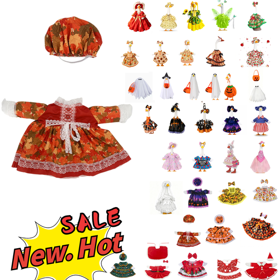 SLYNSHome Fall Maple Leaf Lace Dress Goose Outfit With Bonnet Hat For 23 Inch Statue, Red Autumn Costume With White Trim And Ribbon Tie, Outdoor Garden Yard Porch Decor