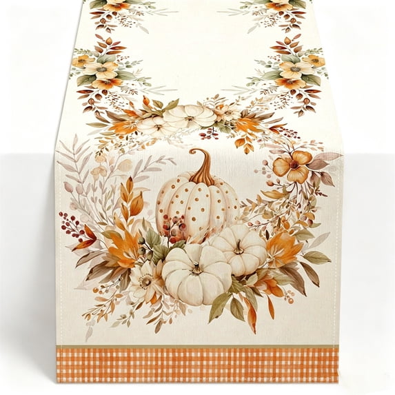 SLYNSHome Fall Maple Leaf Table Runner, Autumn Pumpkin Harvest Print Table Flag, Thanksgiving Holiday Cloth for Dining Table Kitchen Home Decor