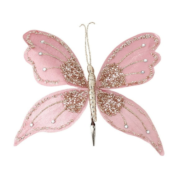 SLYNSHome Glitter Butterfly Christmas Ornaments Artificial Butterfly Christmas Tree Ornament With Clips Holiday Crafts Decorations - Pink