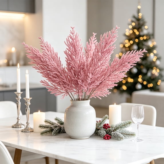 SLYNSHome Glittered Artificial Foliage Stems, Pink Sparkly Leaf Picks, Decorative Floral Branches For Christmas Vase Arrangement Indoor Tabletop Home Decor