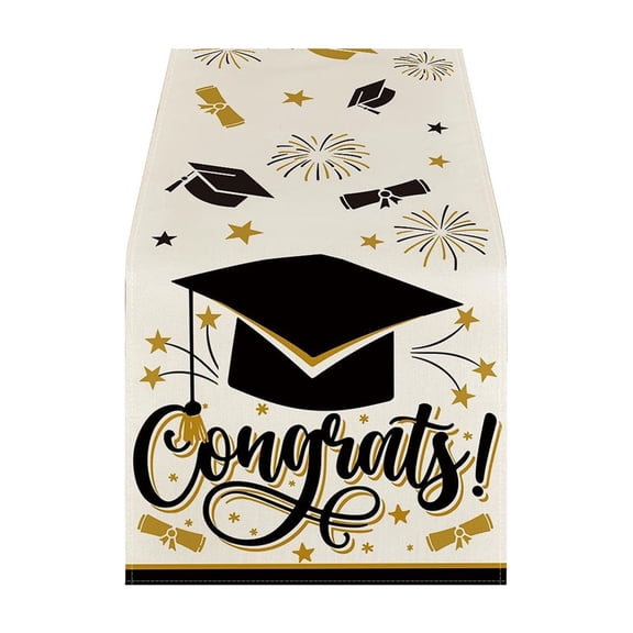 SLYNSHome Graduation Party Table Runner, White With Gold Confetti & Congrats Grad Design, Class of 2026 Decorative Runner For Graduation Dessert Table