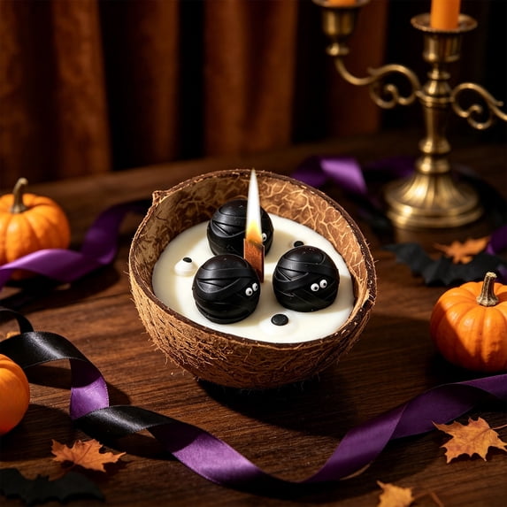 SLYNSHome Halloween Aromatherapy Candle, Coconut Shell Wax Scented Candle With Ghost Spider Pumpkin Figurines, Creative Gift For Holiday Home Decor Display,Black