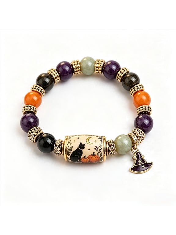 Halloween Black Cat Pumpkin Beaded Stretch Bracelet, Natural Stone Hand Jewelry With Witch Hat Charm, Fall Thanksgiving Accessory Gift For Women