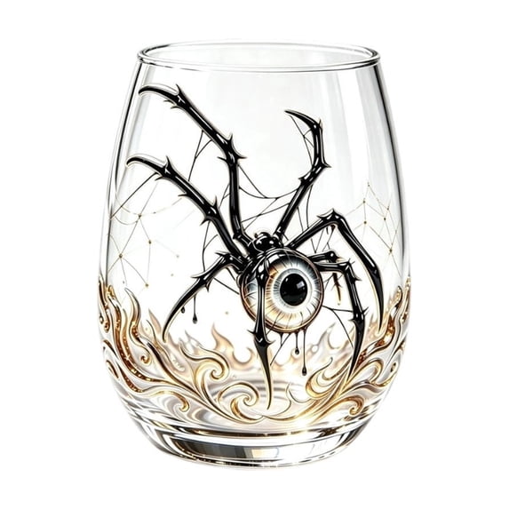 SLYNSHome Halloween Spider Glass Mug, Handmade Artisan Stemless Spooky Clear Wine Tumbler With Eye Web Design, Holiday Party Drinkware Gift