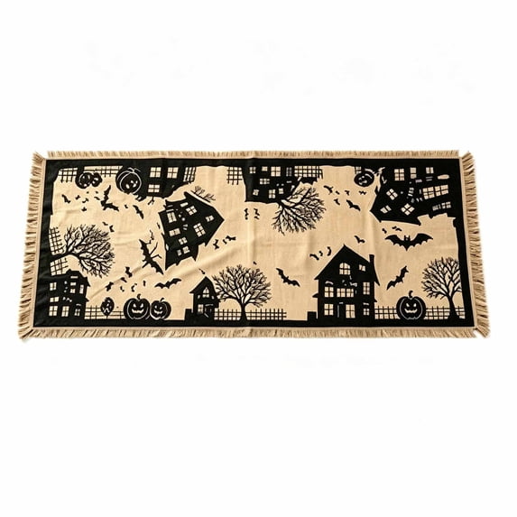 SLYNSHome Halloween Tassel Table Runner, Spooky Long Tablecloth with Bat Pumpkin Print, Festive Dining Table Decor for Home Holiday Party