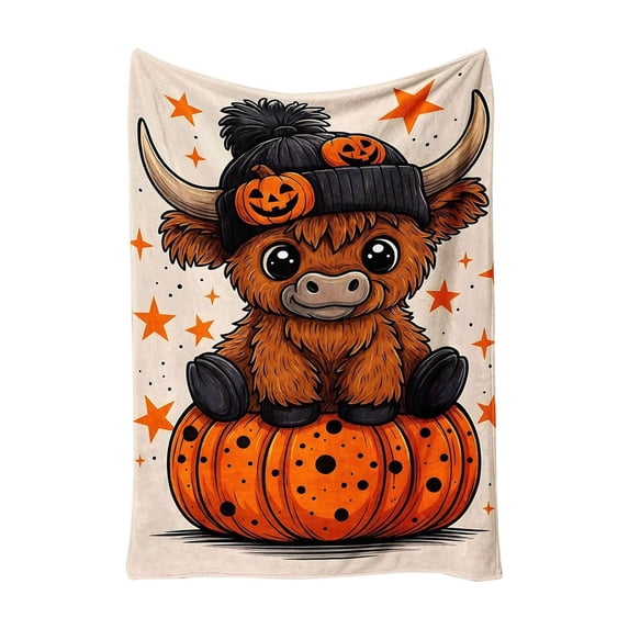 SLYNSHome Halloween Throw Blanket Cute Highland Cow Sitting On Pumpkin Print Soft Flannel Fleece Cozy Lightweight Decorative Blanket For Couch Sofa Bedroom Fall Home Decor