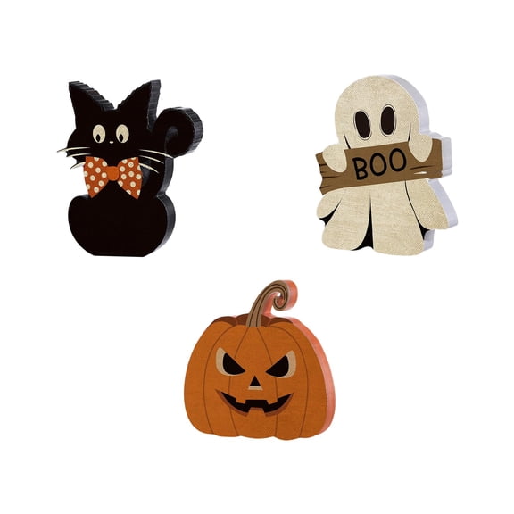 SLYNSHome Halloween Wooden Tabletop Signs, Black Cat Pumpkin Ghost Boo Block Figurine Set For Mantel Shelf Coffee Table Indoor Holiday Home Party Tiered Tray Decor Supplies