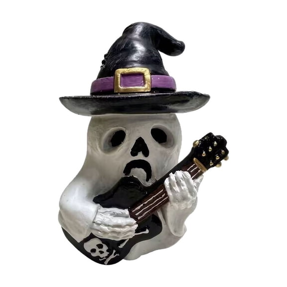 SLYNSHome Hand Painted Resin Ghost Figurine With Witch Hat, Spooky Ghost Statue Holding Skull Guitar For Mantel Tabletop Indoor Halloween Holiday Party Table Decor