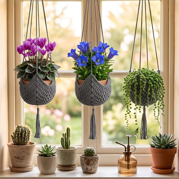 SLYNSHome Hand Woven Macrame Plant Hanger,Black Hanging Planter Basket, Tassel Plant Pot Holder For Indoor Window Balcony Boho Home Greenery Decor