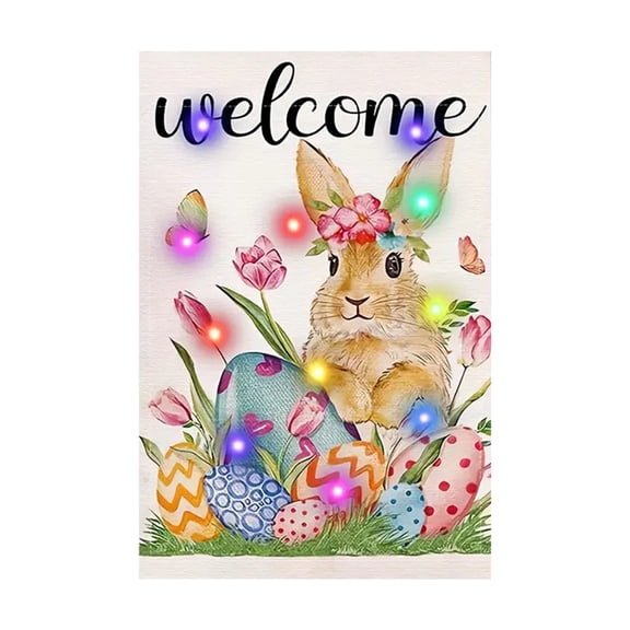 SLYNSHome Happy Easter Garden Flags with Lights Double Sided Rabbit Bunny Spring Floral Yard Flag Holiday Farmhouse Decoration
