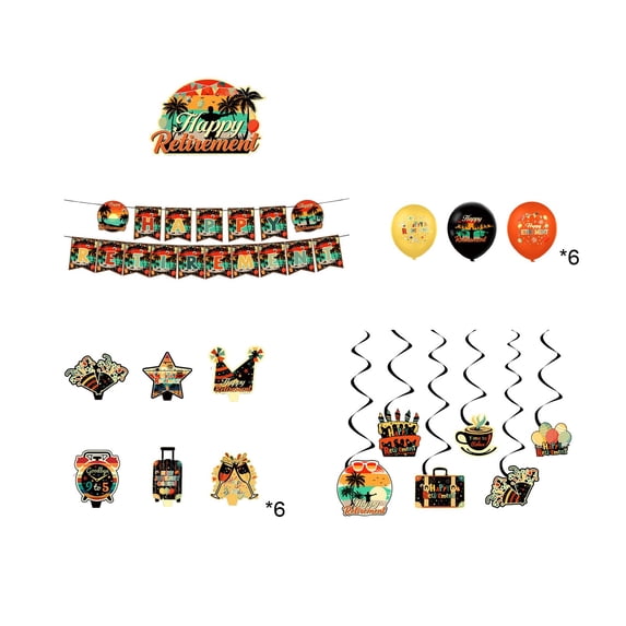 SLYNSHome Happy Retirement Tropical Banner Party Decor Set, Vintage Sunset Pattern Hanging Garland & Swirl Cutouts, Indoor Outdoor Backyard Celebration Supplies