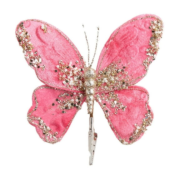 SLYNSHome Hot Pink Butterfly Christmas Tree Decor Artificial Glitter Butterfly with Clips Christmas Ornaments DIY Xmas Wreath Holiday Party Decorations