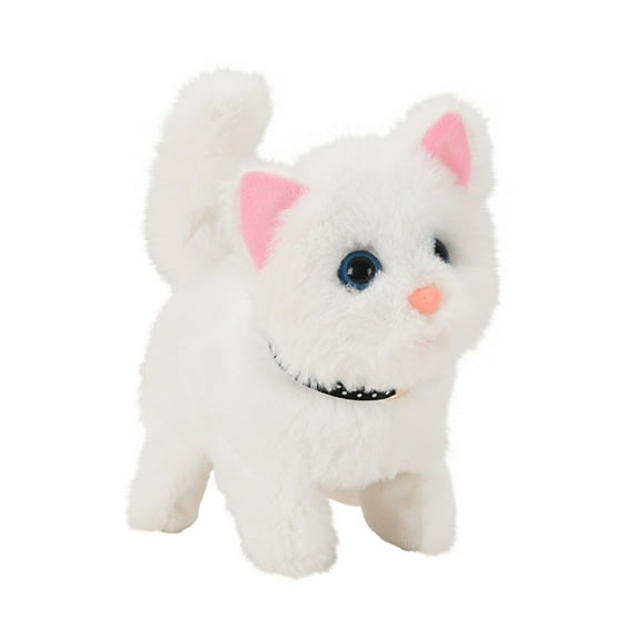 SLYNSHome Interactive Plush Cat Toys,Electronic Robot Cats Pet Walking, Barking, Tail Wagging, Stretching Companion Animal Dolls,Birthday Gifts - White