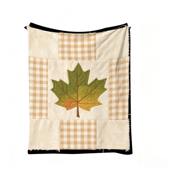 SLYNSHome Maple Leaf Throw Blanket, Autumn Plaid Fall Pattern Plush Blanket,Beige Soft Lightweight Warm Flannel Cover with Fringe for Sofa Bed Camping Thanksgiving Home Decor