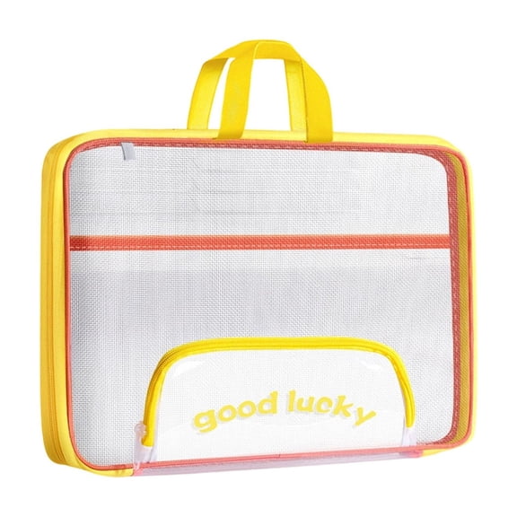 SLYNSHome Mesh Zipper Pouch,Yellow Large Pocket Lightweight Transparent File Bag with Handle Foldable Document Storage Bag Office Supplies