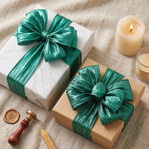 SLYNSHome Metallic Sheer Crinkle Ribbon With Wired Edge,Green Iridescent Polyester Decorative Ribbon For Gift Wrapping, Bow Craft, Wedding And Party DIY Decor, 9 Meters