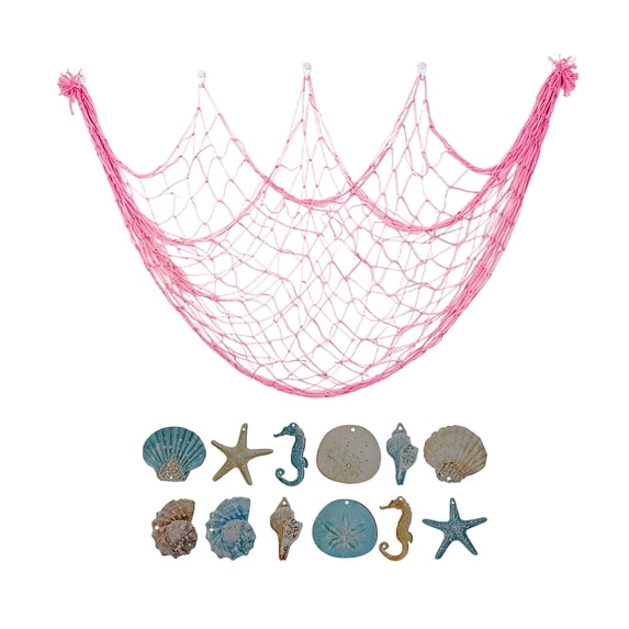 SLYNSHome Nautical Fishing Net Wall Decor With Seashell Ornaments,Pink Coastal Hanging Mesh Ornament, Beach Style Photo Display Net For Living Room Home Wall Decoration