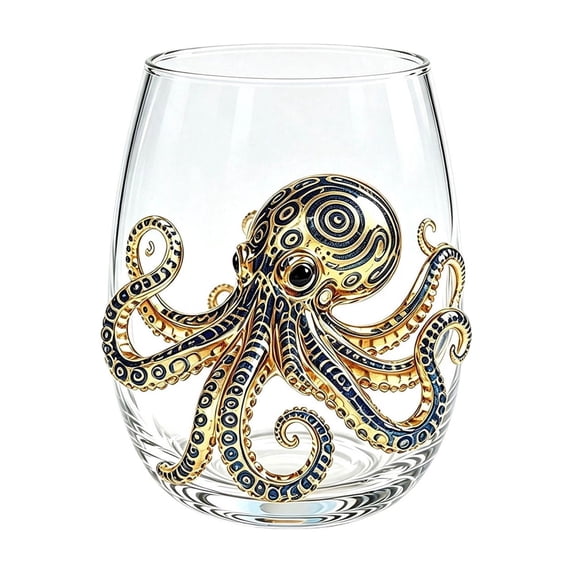 SLYNSHome Octopus Glass Cup, Ocean Fantasy Clear Stemless Tumbler, Marine Animal Bar Counter Glassware, Coastal Home Decor Gift