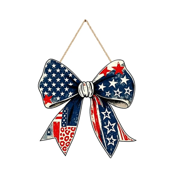 SLYNSHome Patriotic Bowknot Welcome Door Hanger, Red White Blue Front Door Wreath, America 250th Anniversary 4th of July Holiday Decor