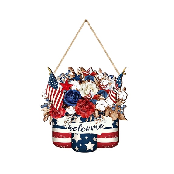 SLYNSHome Patriotic Floral Welcome Door Sign, Wooden Hanging Wreath Ornament, America 250th Anniversary 4th of July Indoor Outdoor Decor