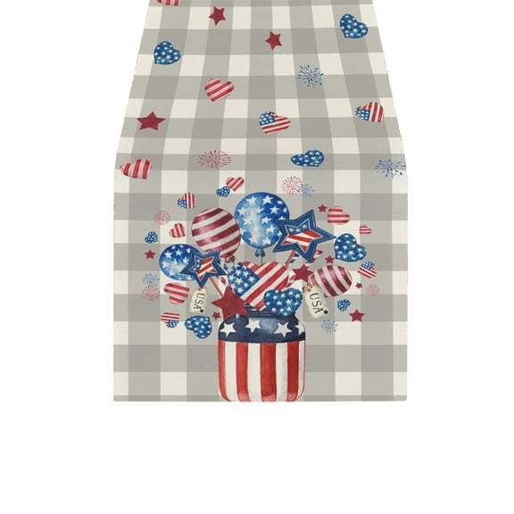SLYNSHome Patriotic Table Runner, Grey Plaid With American Flag Balloon Pattern, 4Th Of July Home Decor