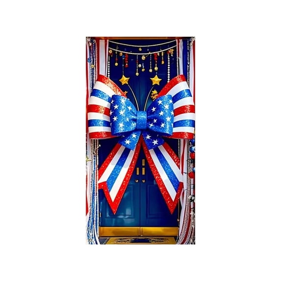 SLYNSHome Patriotic Welcome Door Cover for Front Door Decor 250 Years Anniversary Red White Blue Bow Painted Door Cover for Independence Day 4th of July