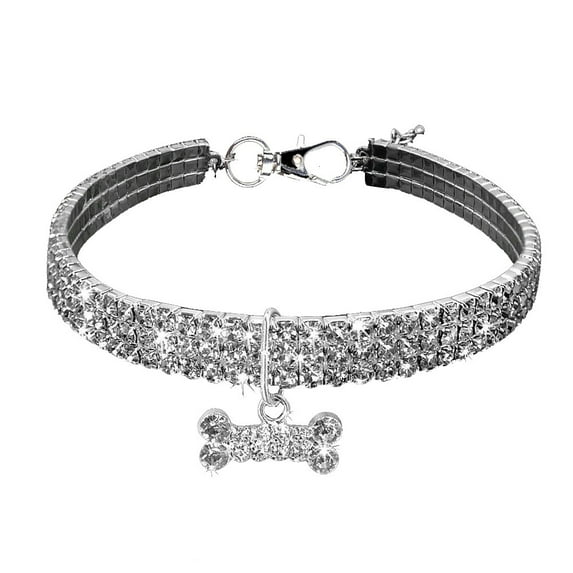 SLYNSHome Pet Collar with Artificial Diamonds,Adjustable Crystal Elastic Bone Pendant Wedding Cat and Dog Collars Small Pet Necklace Jewelry - Silver - 7.87 inch