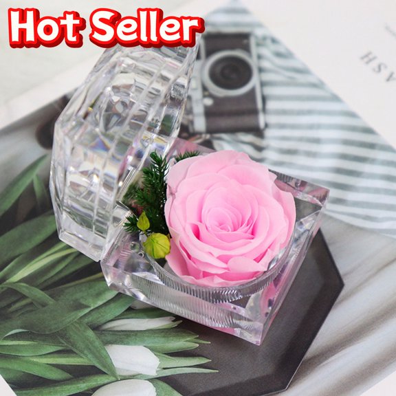 SLYNSHome Preserved Rose in Acrylic Ring Box, Eternal Flower Gift for Proposal Anniversary Valentine Wedding, Pink