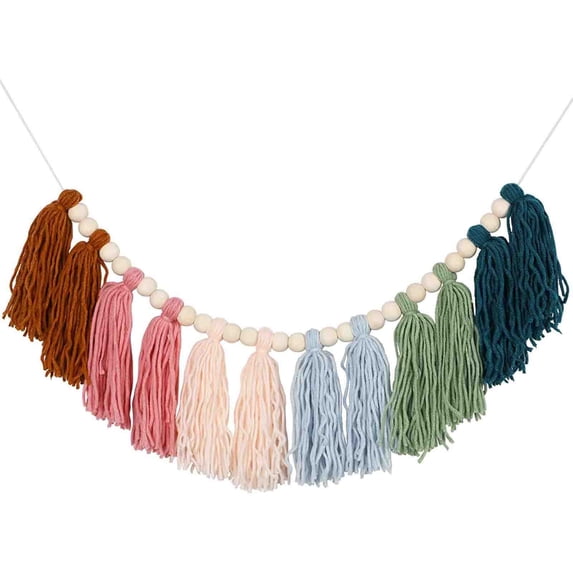 SLYNSHome Rainbow Yarn Tassel Garland With Natural Wooden Beads,Multicolor Macrame Fringe Wall Hanging Banner, Colorful Tassel Bunting For Living Room Indoor Wall Decor