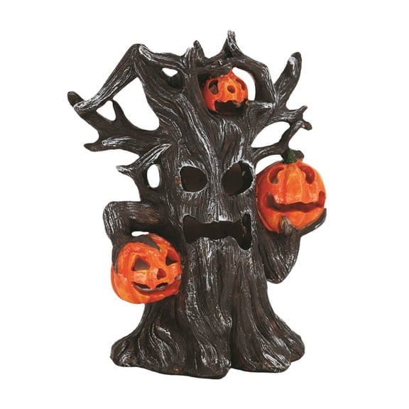 SLYNSHome Resin Spooky Dead Tree Figurine With Pumpkin Accents, Creepy Tree Sculpture Tabletop Statue For Patio Yard Mantel Indoor Outdoor Halloween Holiday Home Party Decor Ornament