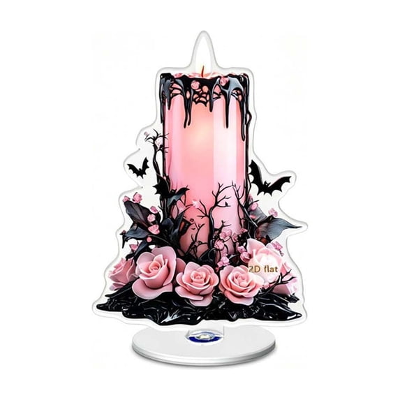 SLYNSHome Rotating Acrylic Tabletop Sign, Pink Candle Haunted Castle Bat Floral Ornament For Mantel Desk Indoor Halloween Harvest Farmhouse Bedroom Party Home Decor