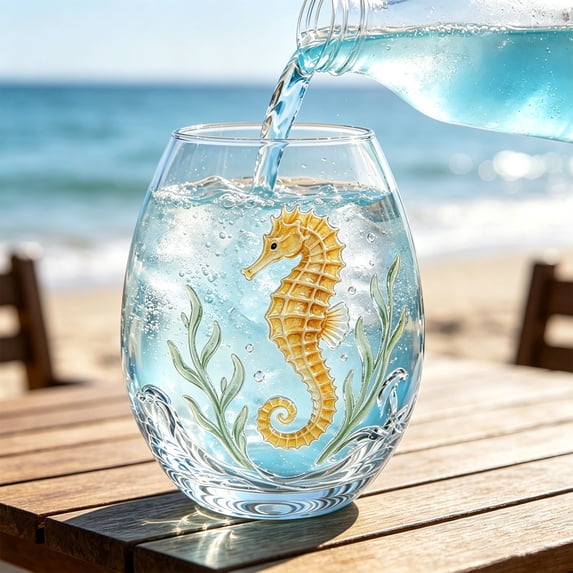 SLYNSHome Sea Animal 2D Stemless Wine Glass With Print, Clear Nautical Drinking Glass Cup For Wine Beverage, Coastal Home Bar Decor