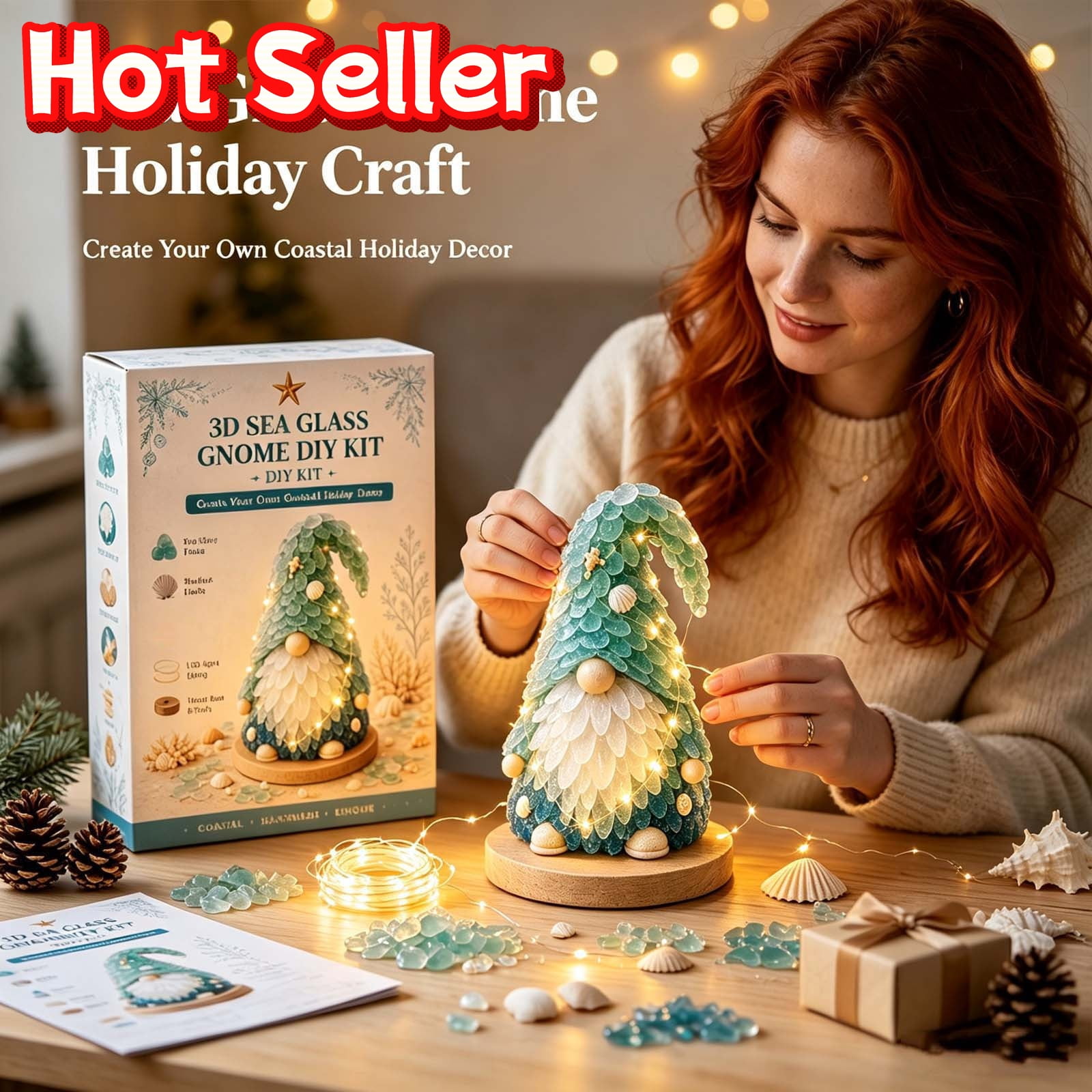 SLYNSHome Sea Glass Gnome Diy Kit With Led Lights, Tabletop Handmade ...