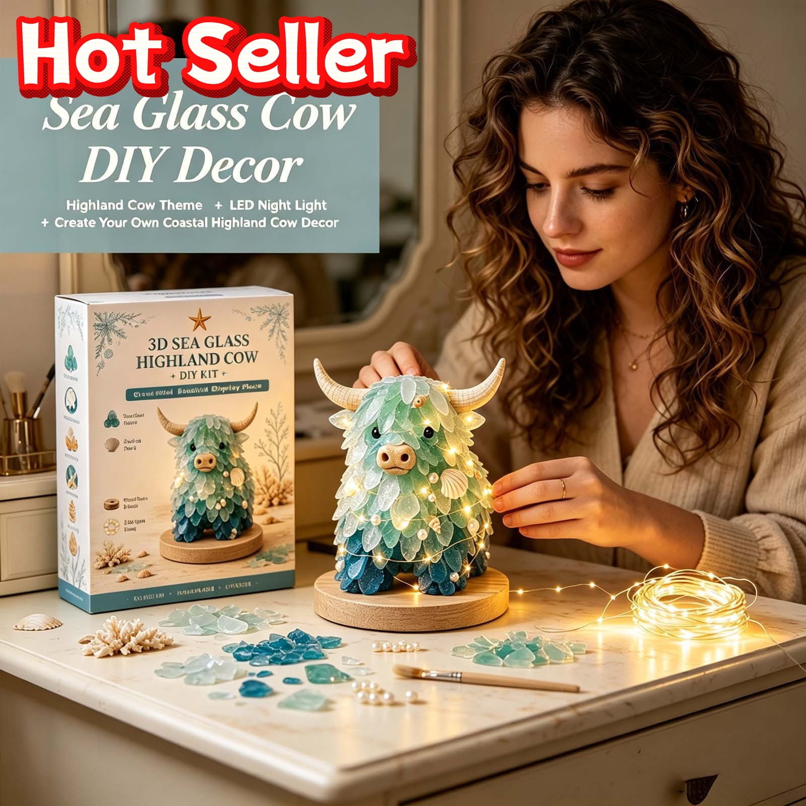 SLYNSHome Sea Glass Highland Cow Diy Kit With Led Lights, Tabletop ...