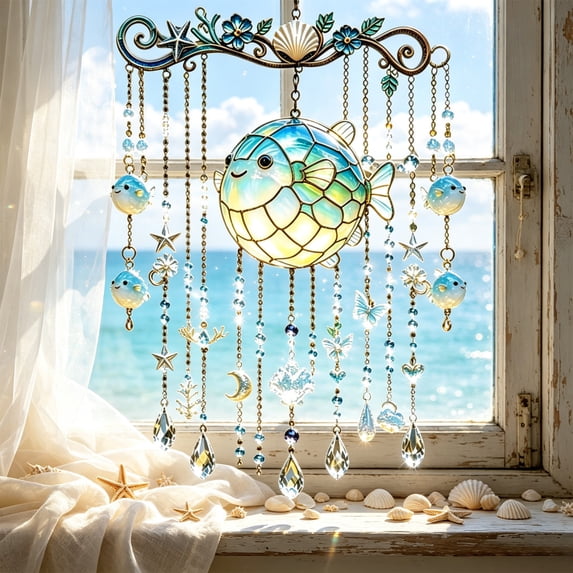 SLYNSHome Sea Themed Fish Wind Chime, 11.8 Inch Colorful Acrylic Suncatcher, Hanging Crystal Reflector for Window Yard, Outdoor Porch Balcony Decor, Beach Lover Gift