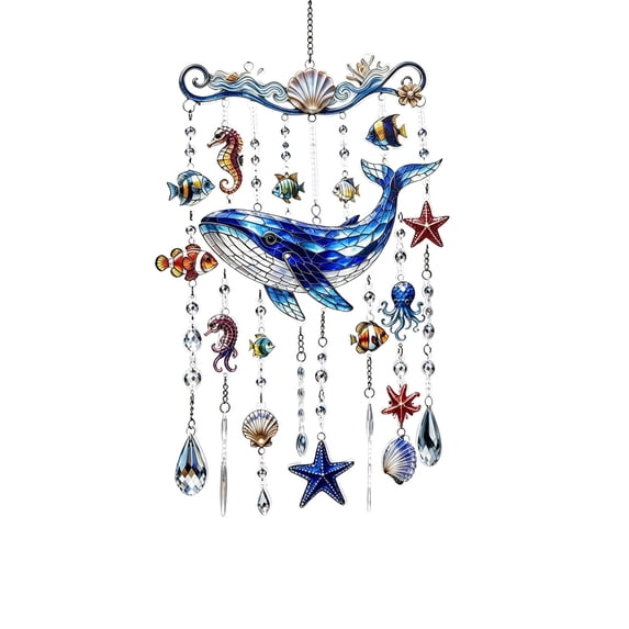 SLYNSHome Sea Themed Whale Wind Chime, 11.8 Inch Colorful Acrylic Suncatcher, Hanging Crystal Reflector for Window Yard, Outdoor Balcony Porch Decor, Beach Lover Gift